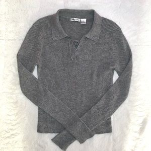 90s Y2K Vintage Energie Grey Ribbed Tie Front Extra Long Sleeve Sweater Top